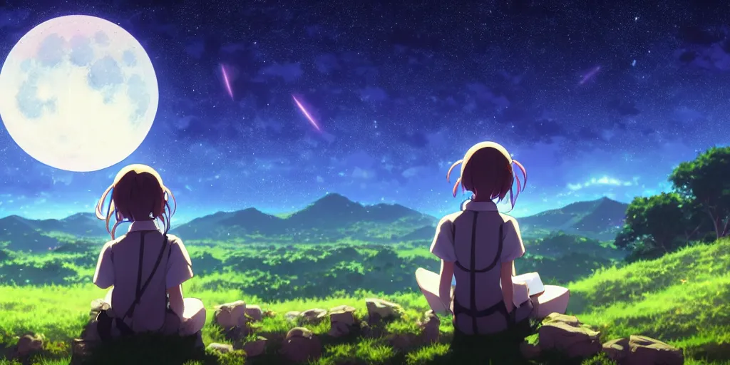 Prompt: a schoolgirl girl sat on the hillside and looked at the stars in the night sky, beautiful moonlight, rich vivid colors spectacular milky way, shining meteor, pale blue light from the moon, ambient lighting, dynamic lighting, official media, anime key visual, detailed, artwork by makoto shinkai. - h 5 7 6