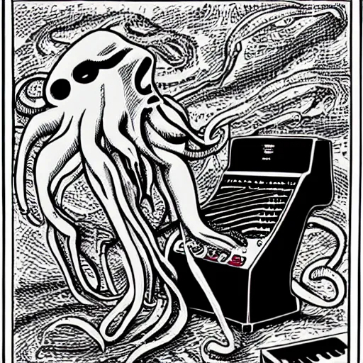 Prompt: cthulhu playing the synthesizer