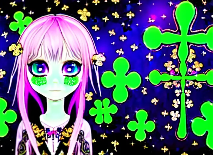 Image similar to baroque bedazzled gothic royalty frames surrounding a hologram of decora styled green haired yotsuba koiwai wearing a gothic spiked jacket, background full of lucky clovers, crosses, and shinning stars, holography, irridescent