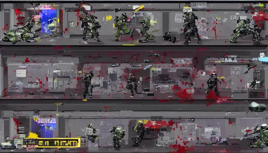 Prompt: 1994 Video Game Deathcam Screenshot, Anime Neo-tokyo Cyborg bank robbers vs police, Set inside of the Bank Lobby, Multiplayer set-piece in bank lobby, Tactical Squad :9, Police officers under heavy fire, Police Calling for back up, Bullet Holes and Blood Splatter, :6 Gas Grenades, Riot Shields, Large Caliber Sniper Fire, Chaos, Anime Cyberpunk, Anime Bullet VFX, Machine Gun Fire, Violent Gun Action, Shootout, :7 Inspired by Escape From Tarkov + Intruder + Payday 2 :9 by Katsuhiro Otomo: 9