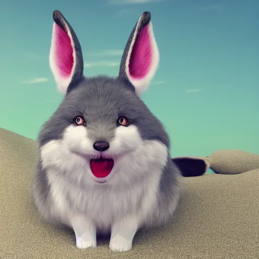 Prompt: a photorealistic adorable zany girly alluring chubby charming but slightly terrifying fennic fox wolf rabbit hybrid, with long floppy rabbit ears, wearing a bow on the top of its head, grinning at the camera with a mischievous look, sharp teeth, happy lighting, at a tropical beach