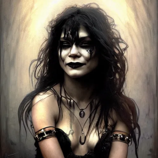 Image similar to beautiful portrait of vanessa hudgens as death from sandman, smiling, by cedric peyravernay, alphonse mucha, by jeremy mann, by lecouffe deharme, goth chic, soft lightning, eyeliner, punk rock, high detailed, 8 k