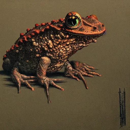 Image similar to A large scary Toad in the style of Beksinski