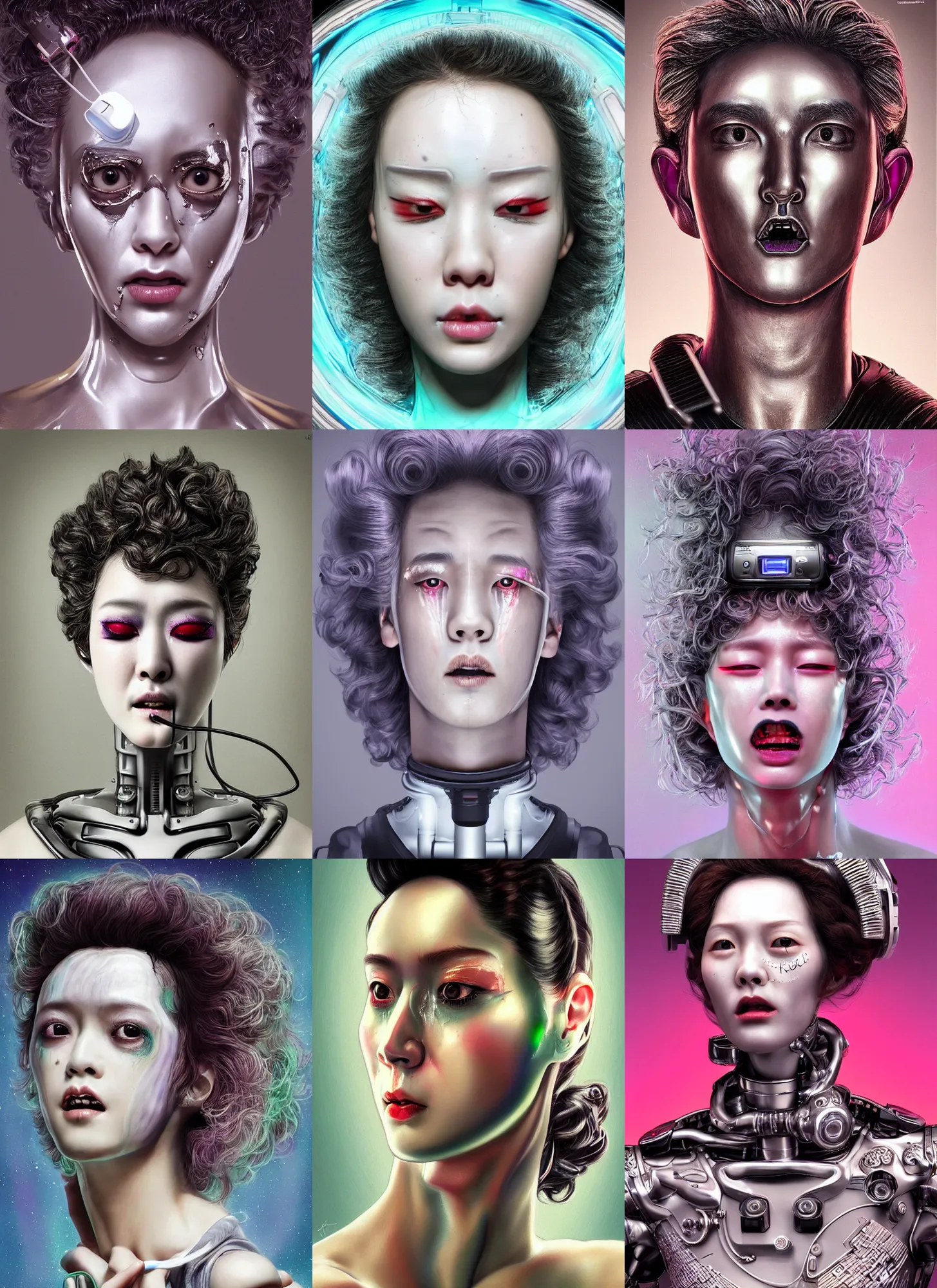Prompt: korean roccoco crying android portrait with sci - fi makeup, chromatic skin, silver curly hair, eighties look, retro, beautiful lights, charging plug in the chest, vintage look, depth of field, screaming. hyper realistic, illustration, airbrush, 8 k, intricate, duo tone, art by david la chapelle and philip castle, artgerm