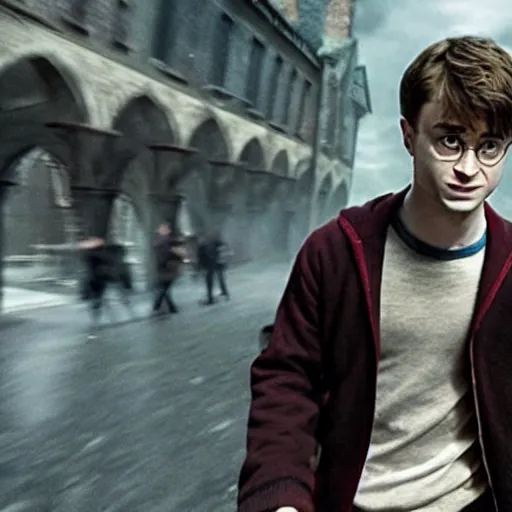 Prompt: Daniel radcliffe as harry potter, epic wide shot, cinematic shading, widescreen, motion blur, warm colors, directed by Christopher Nolan and Asher Duran