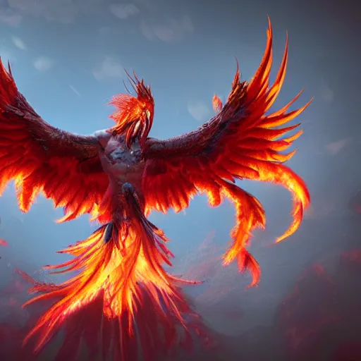 Image similar to Phoenix reborn from ashes, trending in Artstation, photo realistic, dynamic lighting, epic, high detail render