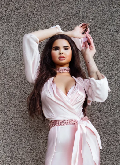 Prompt: portrait of demi rose wearing white kebaya and pink silk belt, by charlotte grimm, natural light, detailed face, beautiful features, symmetrical, canon eos c 3 0 0, ƒ 1. 8, 3 5 mm, 8 k, medium - format print, half body shot