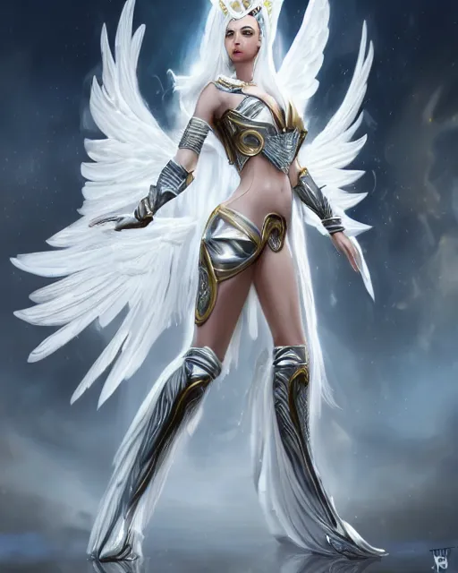 Image similar to perfect white haired egyptian goddess wearing white dove wings, warframe armor, regal, attractive, ornate, sultry, beautiful, charlize theron, half asian, pretty face, blue eyes, detailed, scifi platform, 4 k, ultra realistic, epic lighting, cinematic, masterpiece, art by akihito tsukushi, voidstar, trending on artstation