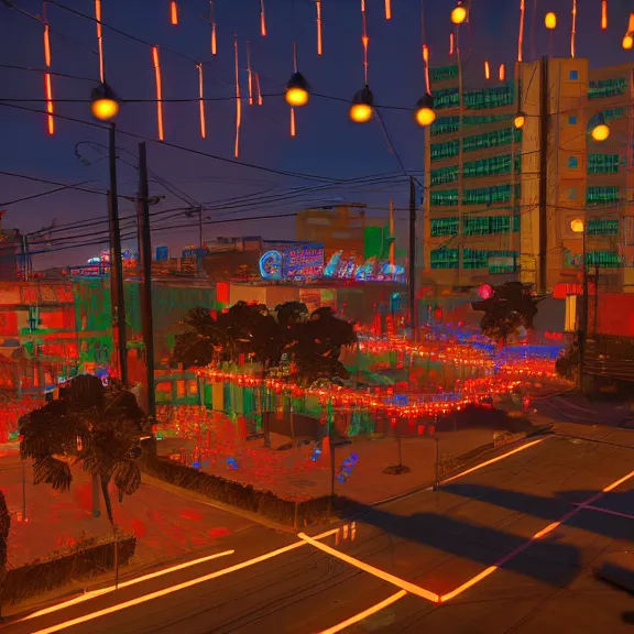 Prompt: Downtown Mexico, string lights, colorful lighting, night, realism, intricate abstract, ((gta 5 screenshot house)), by Tooth Wu, by Lienzo Óleo Paisaje, by Greg Rutkowski