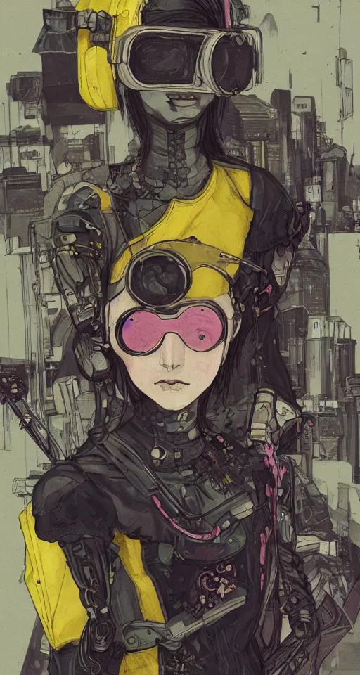 Image similar to full page scan, detailed concept art, Renaissance style, illustration, decay, mathematics and geometry, human, aesthetic, saturated, yellow and pink, vr headset, debased, portrait of a female cyborg cyberpunk gutter punk wearing vr goggles in the style of blame! manga