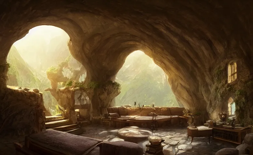 Prompt: painting of a series of living quarters overlooking communal area of a hidden, cozy ring - shaped complex carved inside a mountain, overlooking the great room, well maintained, clean, medieval, fantasy genre, natural light, fantasy, natural light, concept art, by greg rutkowski and craig mullins, cozy atmospheric and cinematic lighting, trending on artstation