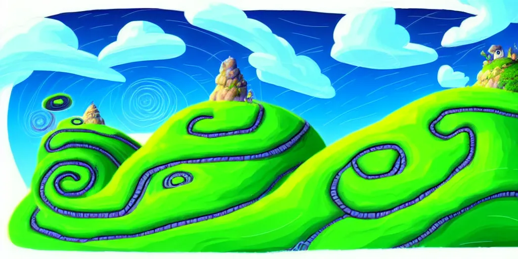 Prompt: night chubby cartoon concept art, grass spiral mountain labyrinth landscape, from horton hears a who!, black blue green, spiral clouds