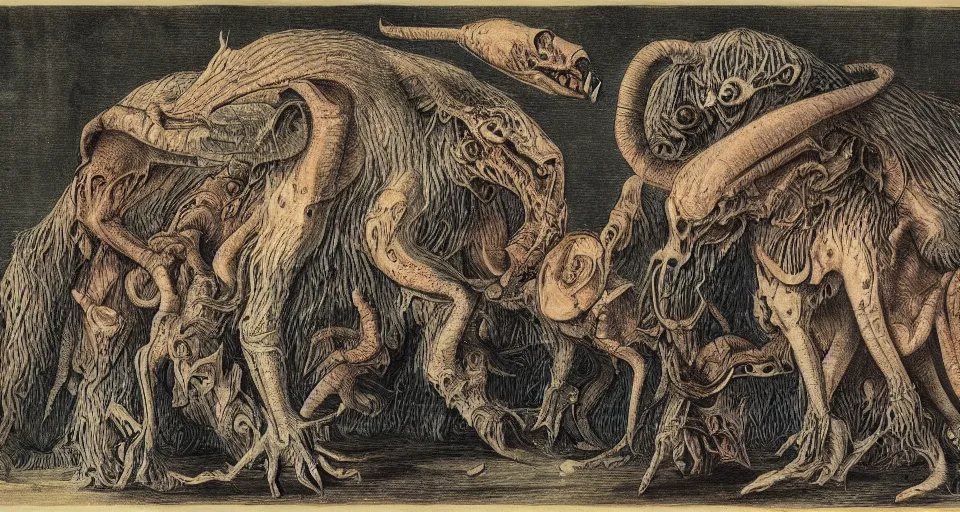 Image similar to bizarre bestiary of repressed unconscious emotional monsters and creatures