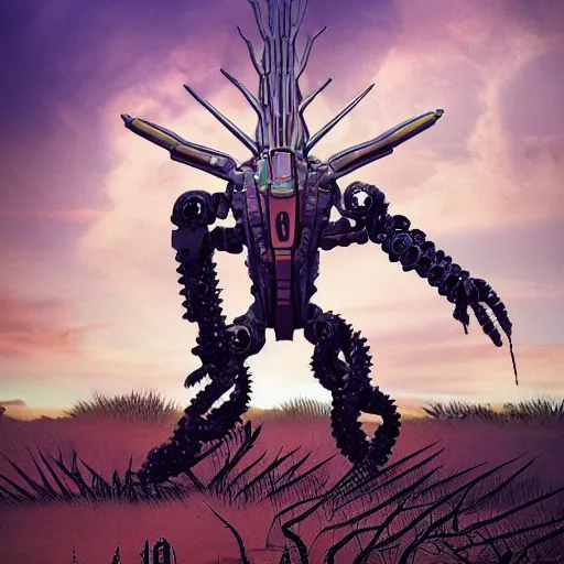 Prompt: spacepunk organic biomech living evangelion giant robot, made of spikes, lovecraftian, fullbody concept, surrounded by dunes, evil