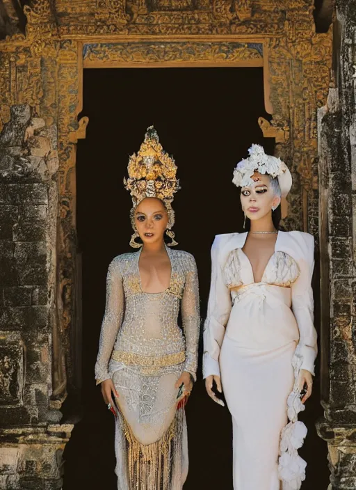 Image similar to portrait of lady gaga and rihanna wearing kebaya in bali temple, by charlotte grimm, natural light, detailed face, beautiful features, symmetrical, canon eos c 3 0 0, ƒ 1. 8, 3 5 mm, 8 k, medium - format print, half body shot