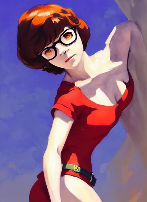 Image similar to Greg Manchess painting of Velma Dinkley in the style of Persona 5, anime style, winged eyelashes, countryside, calm, fantasy character portrait, dark outlines, dynamic pose, above view, sunny day, artwork by Makoto Shinkai, very coherent asymmetrical artwork, sharp edges, perfect face, simple form, 100mm