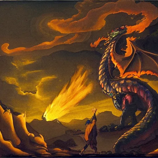 Image similar to Dragon spits fire on a man, burning village in background, plumes of smoke in background, at night, Michelangelo painting, highly-detailed