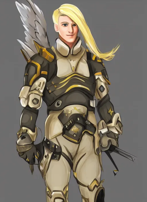 Image similar to concept art of a male blond angel military commander overwatch character