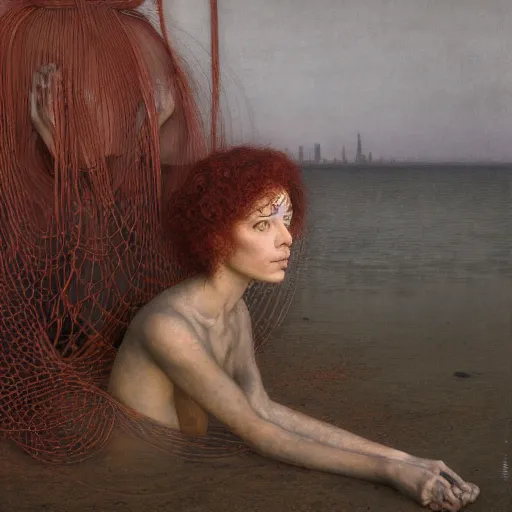 Prompt: portrait, shore of the lake, woman, wrapped around by tubes and cables, short black curly hair, glowing red, by edgar maxence and ross tran, zdzisław beksinski, and michael whelan, distant, gustav dore, h. r. giger, 8 k, octane render