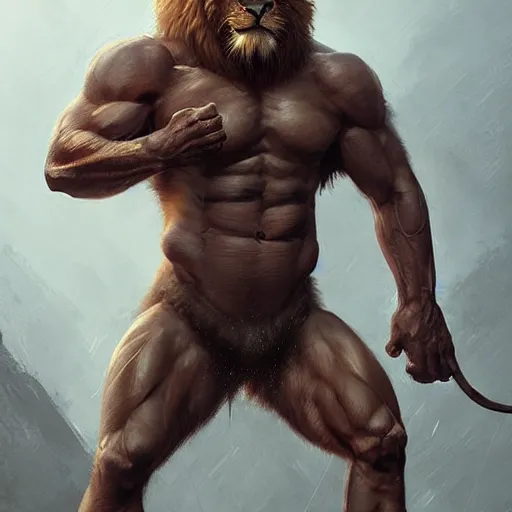 Image similar to a muscular half man half lion mutant creature,digital art,ultra realistic,ultra detailed,art by greg rutkowski,hyperdetailed,anthropomorphic,photorealistic,trendimg on artstation,deviantart