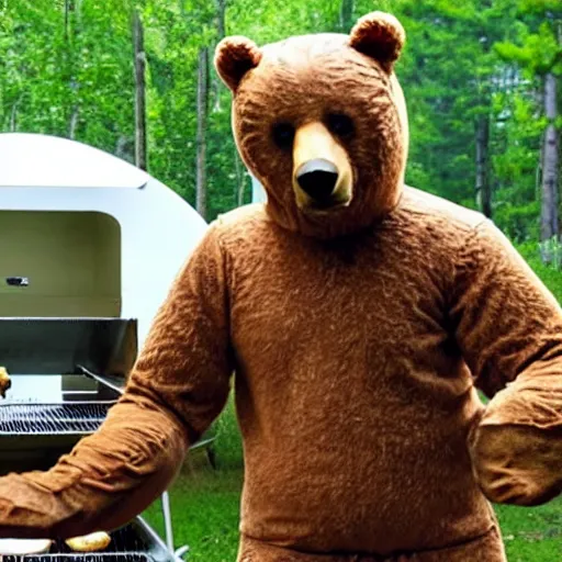 Image similar to film still of bear grylls in a bear costume at a bbq grill party