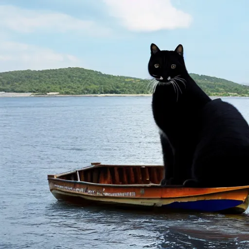 Image similar to A large cat on a small boat, funny, large island in the background, high quality,