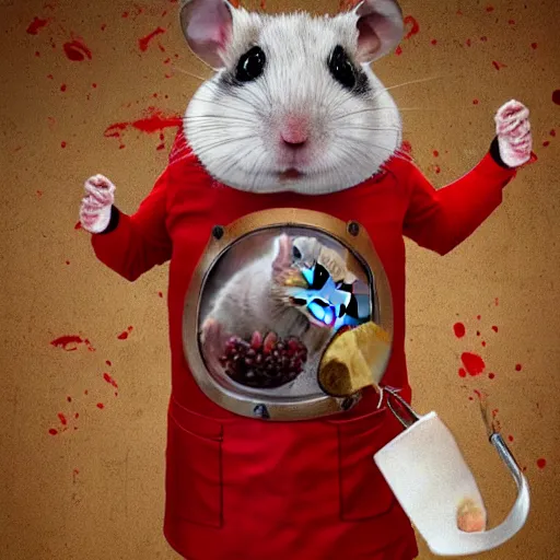 Image similar to an immortal dead hamster in a butcher's suit with an evil face, in an apron covered in blood, holding cleavers in his hands. the hamster has 4 arms. front view.