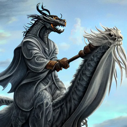 Prompt: gandalf, riding a dragon, highly detailed, digital art,