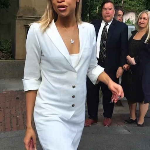 Image similar to photo of aoc as a blond caucasian woman, white dress