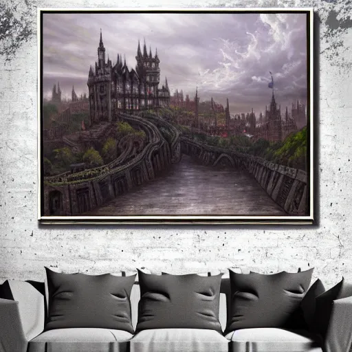 Prompt: stark oil painting medieval fantasy cityscape, foreboding, detailed, castle, stormy skies