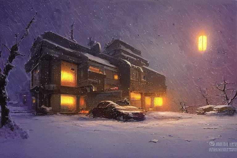 Prompt: cyberpunk, winter in the snow, external view of a 5 bedroom detached cyberpunk house in the UK, by Paul Lehr