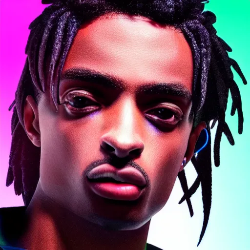 Image similar to playboi carti, photorealistic, detailed face, full body shot, 8 k, hd, neon colors, over saturated colors, wok, noisy background, background blending with itself, goofy,