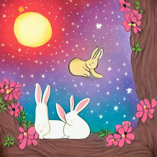 Prompt: girl and rabbit sleeping against a stars fantasy