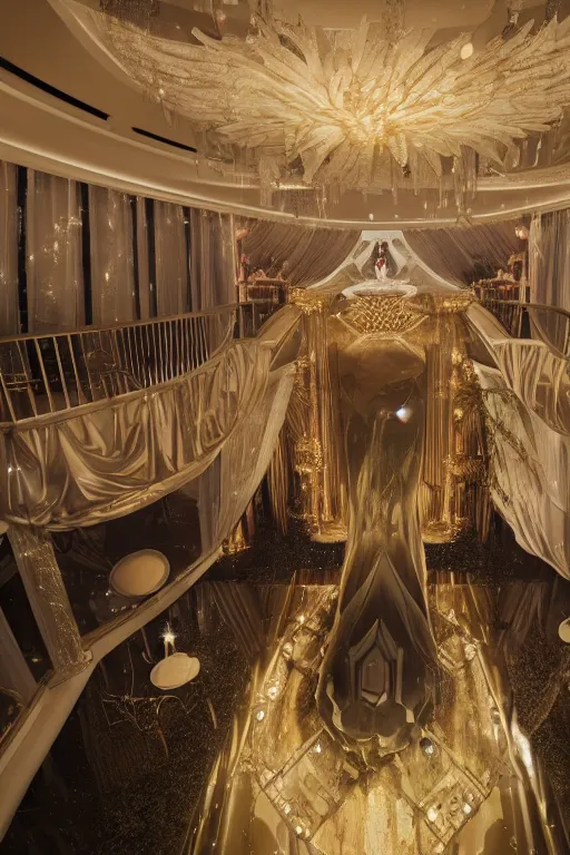 Prompt: a lavish great gatsby party full of people wearing futuristic attire in a mansion designed by ricardo bofill, flash photography, raytracing, 8 k, octane render, volumetric, vivid, beautiful, hyperrealism