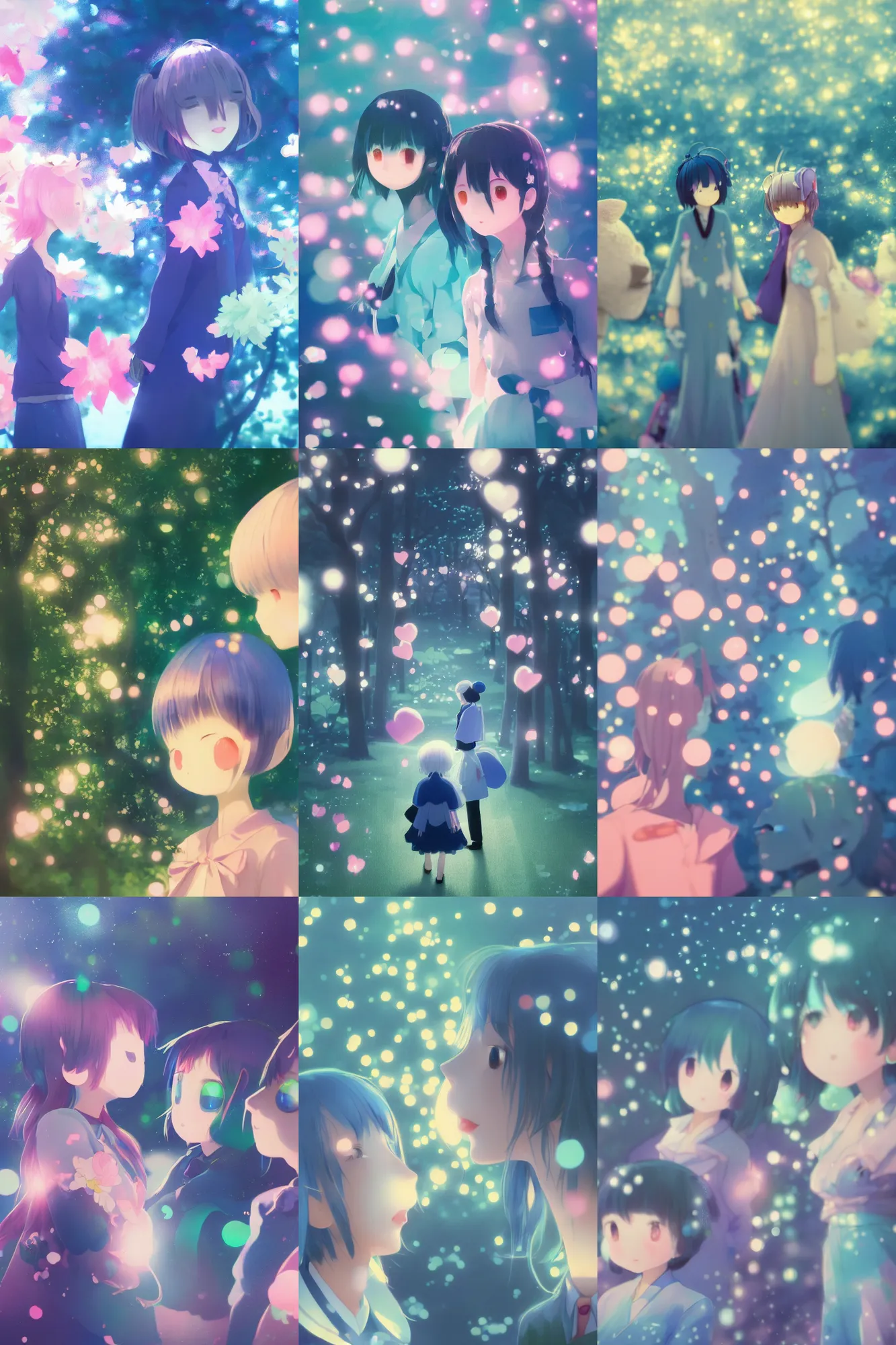 Prompt: artwork by Yoshitomo Nara, azure tones, Chiho Aoshima, soft bokeh, a cinematic beautiful closeup moment of friends standing facing toward their love, trending on artstation