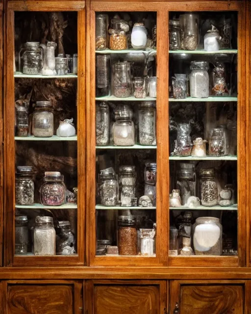 Prompt: a large wood display cabinet filled with lots of different items in magical glowing jars in different colors, a still life by seb mckinnon, artstation, neoplasticism, lovecraftian, artstation hq, award winning photography 4 k 8 k 1 6 k