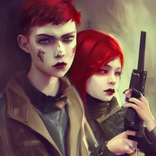 Image similar to a concept art of a boy and a girl with red hair holding a gun, gothic clothes, highly detailed, digital painting, artstation, concept art, smooth, sharp focus, illustration