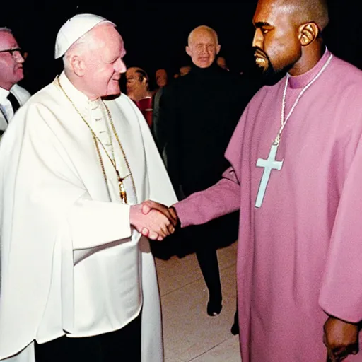 Prompt: photograph of john paul ii shaking hands with kanye west