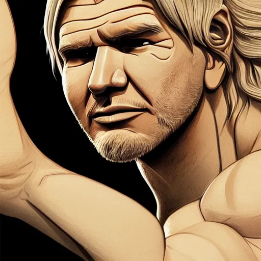 Image similar to portrait of the immensely towering bodybuilder Harrison Ford with beautiful long pale blond hair, posing for a photoshoot in the golden hour, black tank top, broad shoulders and huge thick arms, ambient lighting, 4k, anime key visual, lois van baarle, ilya kuvshinov, rossdraws, artstation