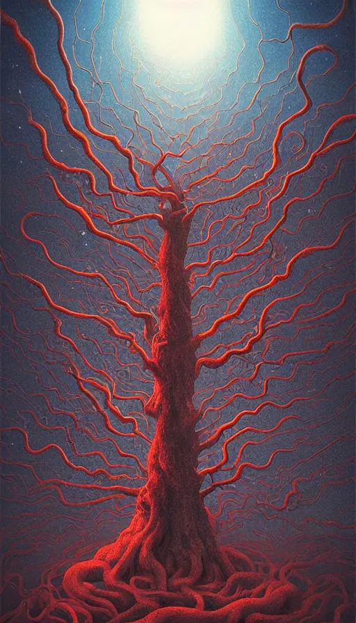 Image similar to the night sky is black and full of stars, huge red eyes are floating in the sky, their irises are red, ethereal tentacle tree, satisfying cable management, by Esao Andrews and Karol Bak and Zdzislaw Beksinski and Lady Frieda Harris, trending on ArtStation, volumetric smoke