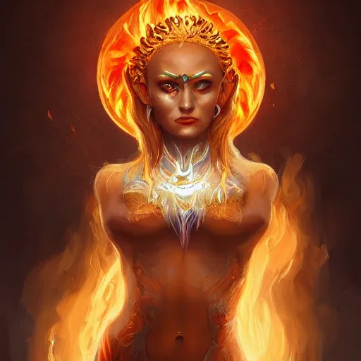 Image similar to A beautiful painting of a flame goddess by Andrews Esao, fantasy, Trending on artstation.