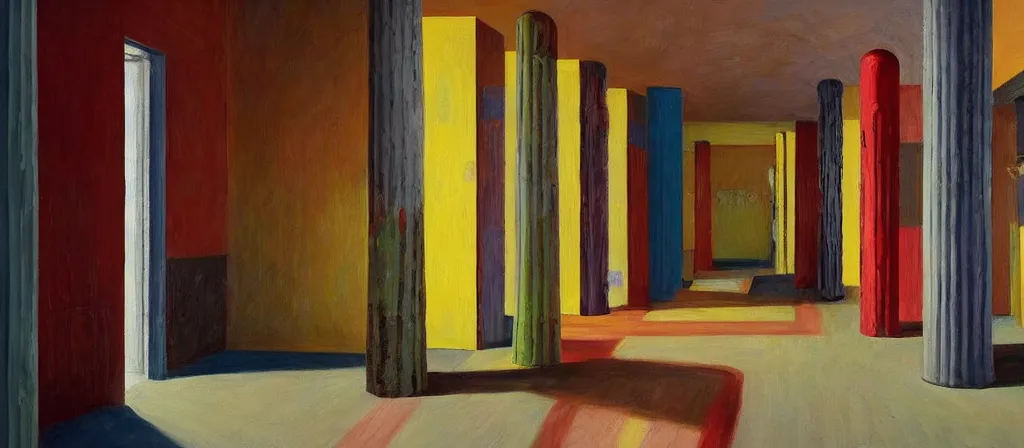 Image similar to colorful minimalist industrial interior hallway with monolithic pillars in the style of ridley scott and stanley kubrick, impossible stijl architecture, bed of flowers on floor, ultra wide angle view, realistic detailed painting by edward hopper