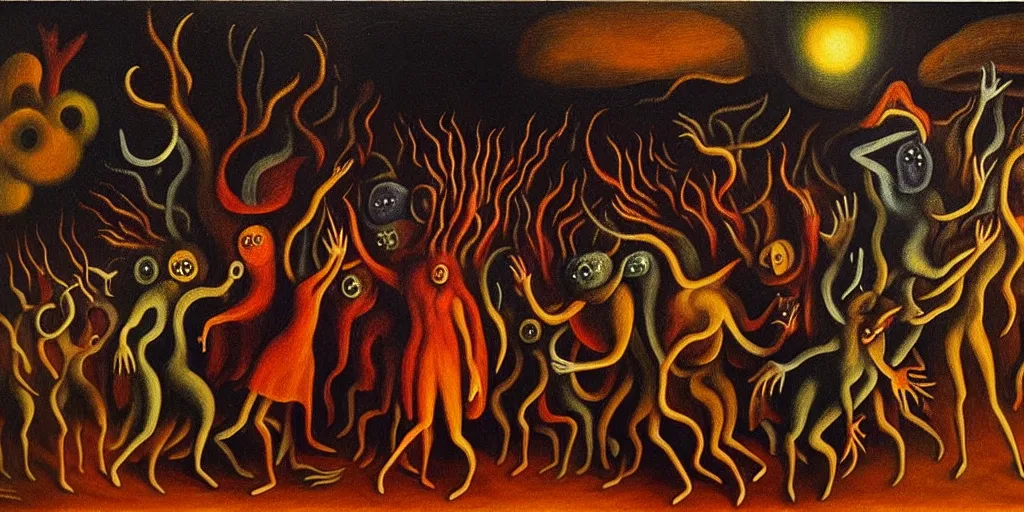 Prompt: personified emotion and thought creatures riot in a fiery wasteland, dramatic lighting glow from giant fire, attempting to escape to the surface and start a revolution, in a dark surreal painting by leonora carrington