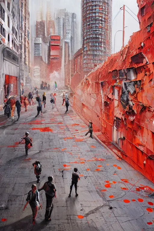 Prompt: Oil painting of people in a city looking at a white building covered with a red and orange 3d graffiti mural with paint dripping down to the floor, intricate, highly detailed, smooth, artstation, painting by moebius and james jean and Artgerm and yoshitaka Amano and Greg Rutkowski and Zdislav Beksinski