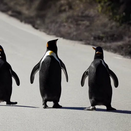 Prompt: penguins in cowboy hats walking across the road