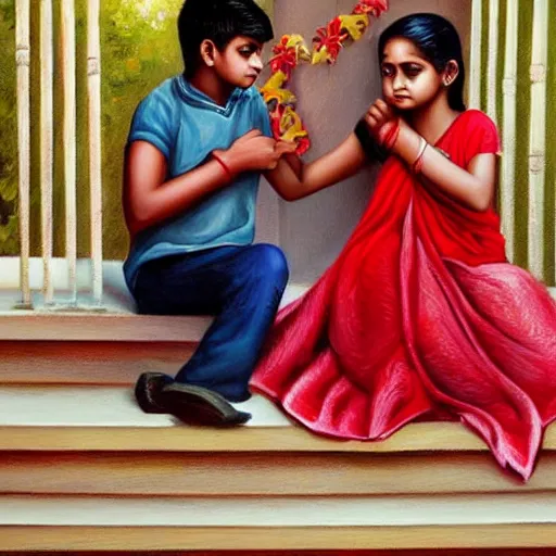 Image similar to beautiful young indian sister and brother, both sitting together holding hands on the steps of their house front entrance. happy raksha bandhan theme. high detailed oil painting by charlie bowater