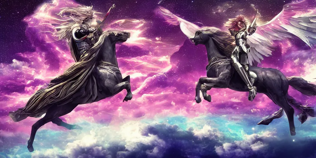 Image similar to A knight holding a sword while riding in a Pegasus through the galaxy, vaporwave, 4K, highly detailed