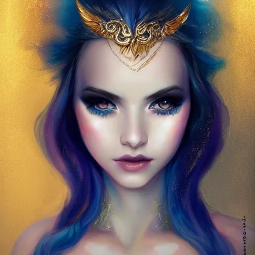 Image similar to Portrait by Charlie Bowater, blue hair, mascara, glitter makeup, gold filigree, smiling, soft colors, pastels