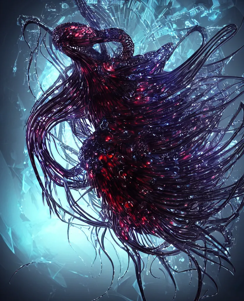 Image similar to close-up macro portrait of the face of a dark queen princess, epic angle, epic pose, symmetrical artwork, 3d with depth of field, blurred background. cybernetic jellyfish phoenix bird, translucent, nautilus. energy flows of water and fire. a highly detailed epic cinematic concept art CG render. made in Maya, Blender and Photoshop, octane render, excellent composition, cinematic dystopian brutalist atmosphere, dynamic dramatic cinematic lighting, aesthetic, very inspirational, arthouse. y Greg Rutkowski, Ilya Kuvshinov, WLOP, Stanley Artgerm Lau, Ruan Jia and Fenghua Zhong