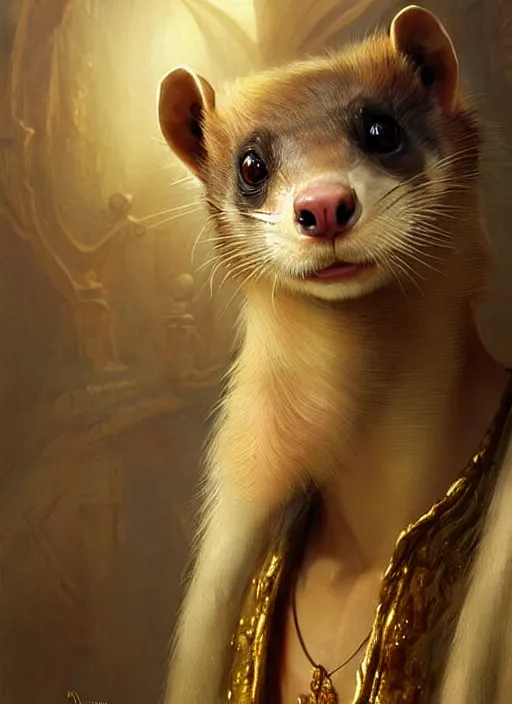 Image similar to a beautiful closeup shot from a fantasy film of a humanoid spotted ferret with golden eyes wearing a loose tunic. an anthropomorphic ferret with gold eyes. joseph ducreux, greg rutkowski.